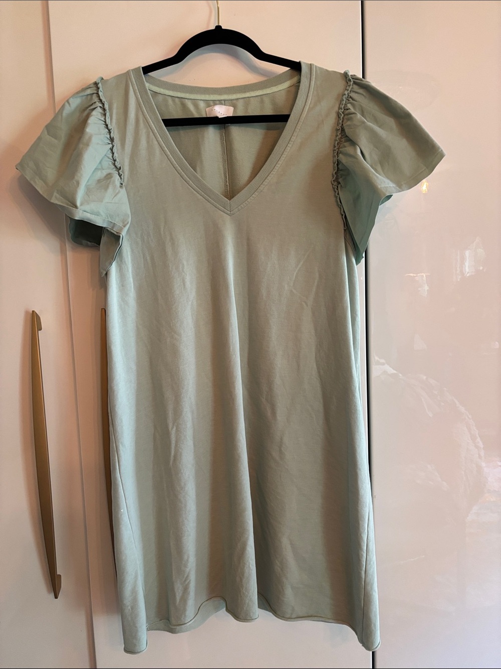 sundays Light Sage V-Neck Flutter Sleeve Mini Dress